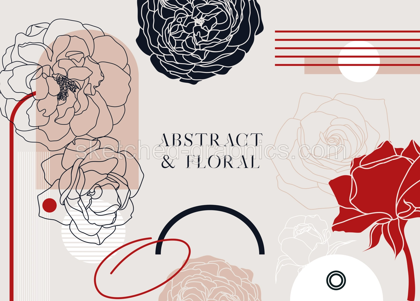 Trendy collage style roses background. Abstract and minimalist illustrations with floral outlines. Rose flowers, geometric shapes and botanical elements for wall art, prints, decoration, invitations Illustration